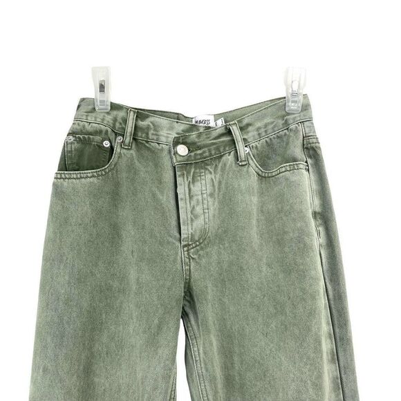 Princess Polly Holly Green Denim Asymmetric Button Fly Straight Leg Jeans Size 2 - Picture 3 of 9